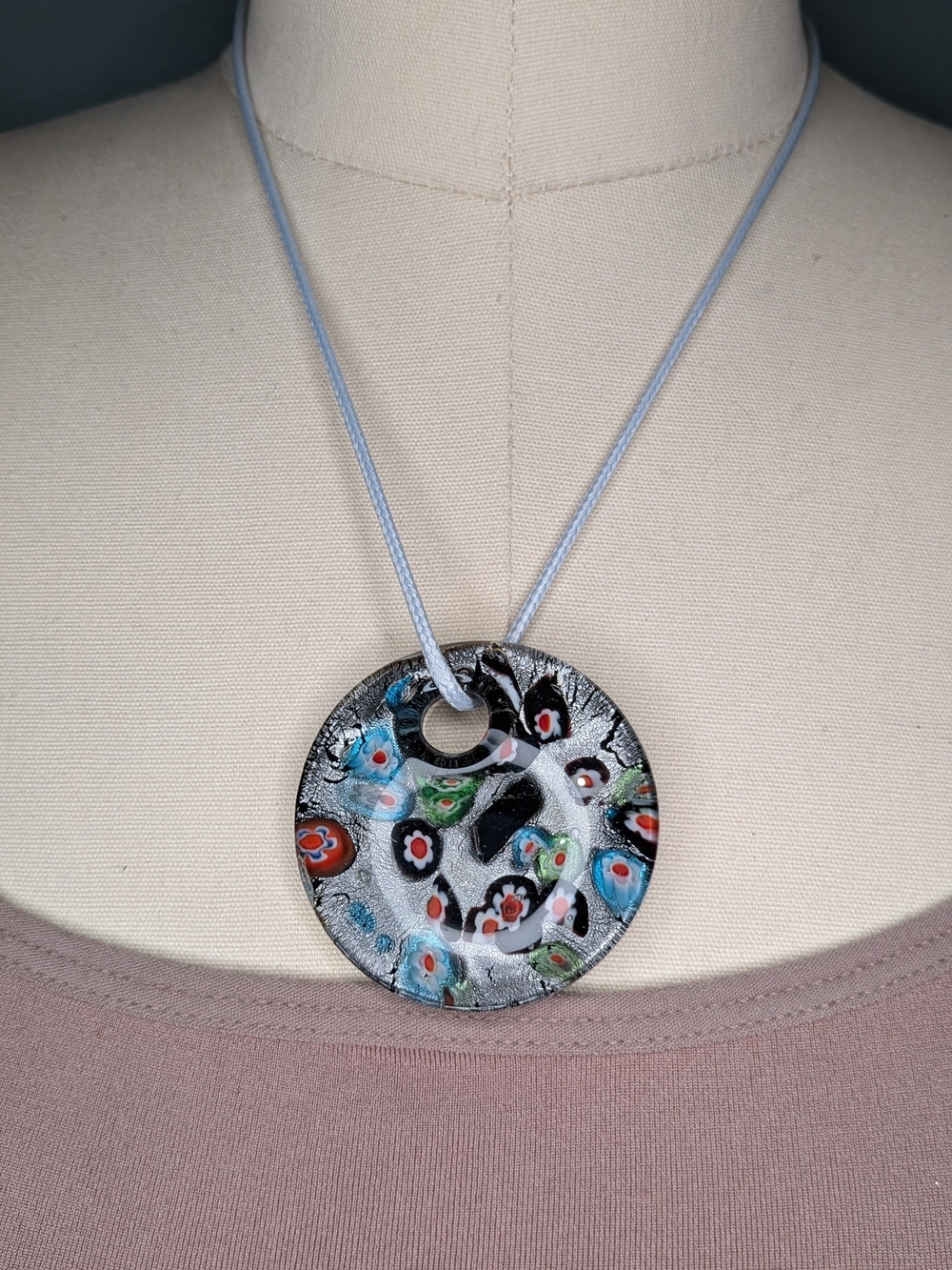 Murano Style Millefiori Silver Foil Glass Donut Disc Pendant Cord Necklace